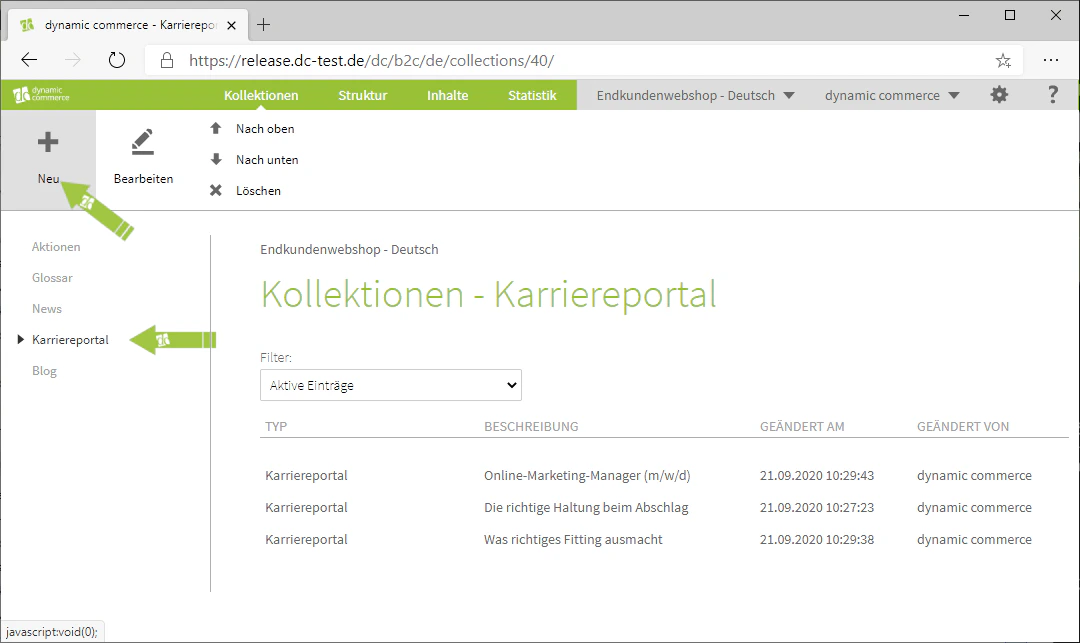 Kollektionen-Tab Detailansicht