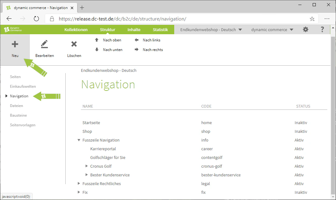 Das Navigations-Menü im Struktur-Tab