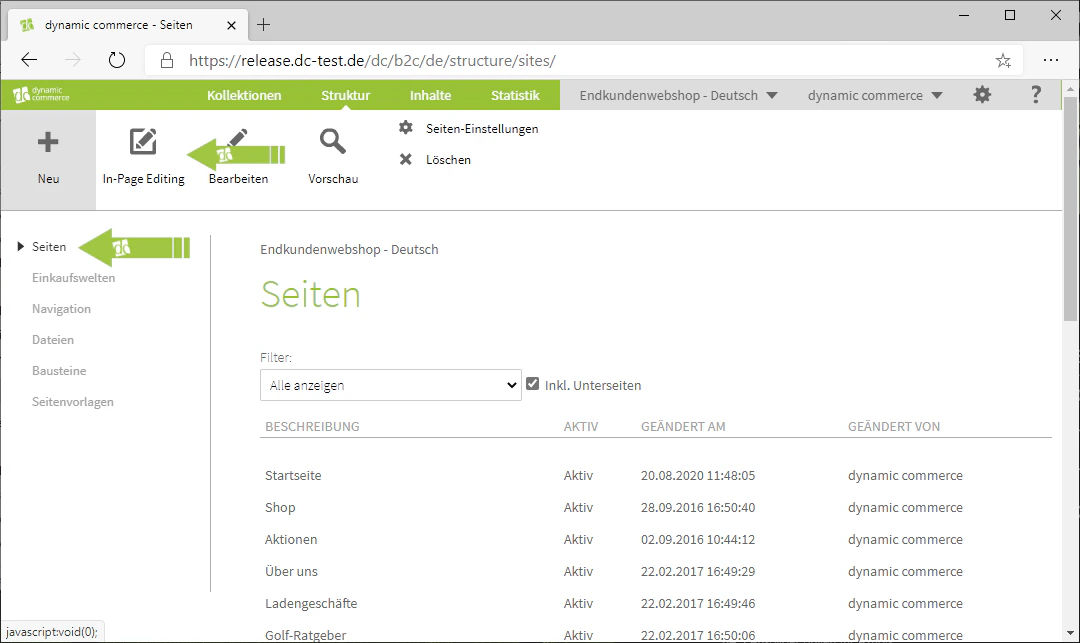 Das Seiten-Menü im Struktur-Tab