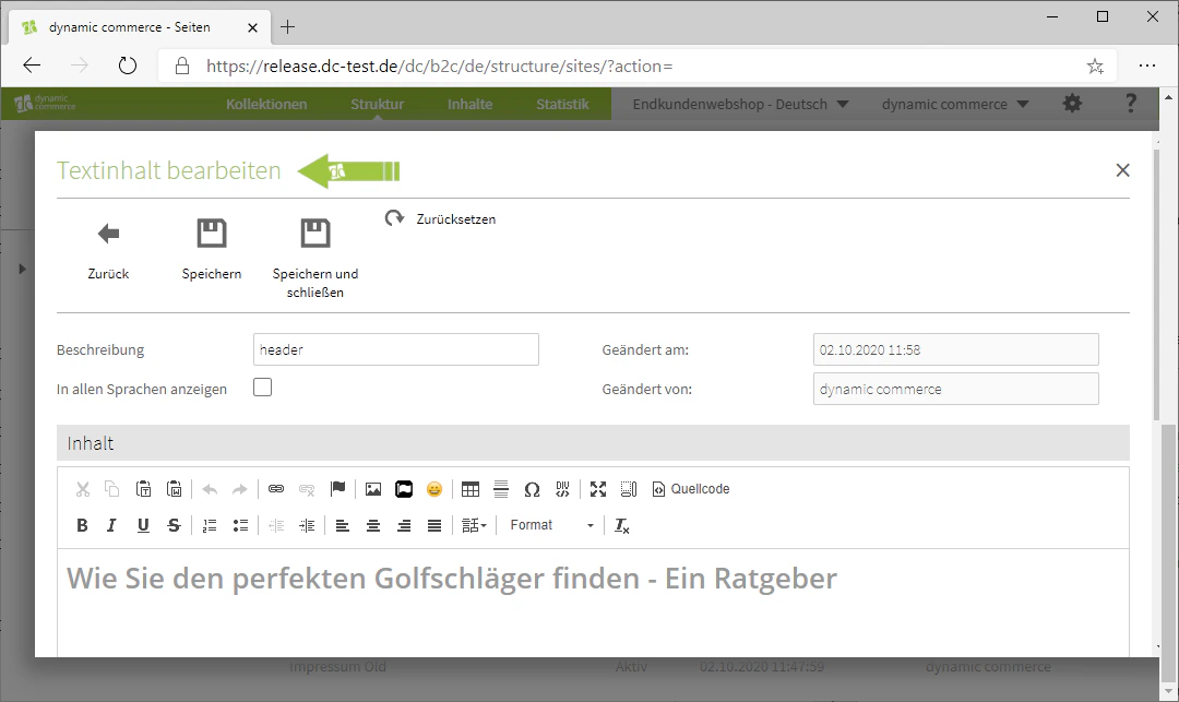 Bearbeitungsfenster für Inhalte