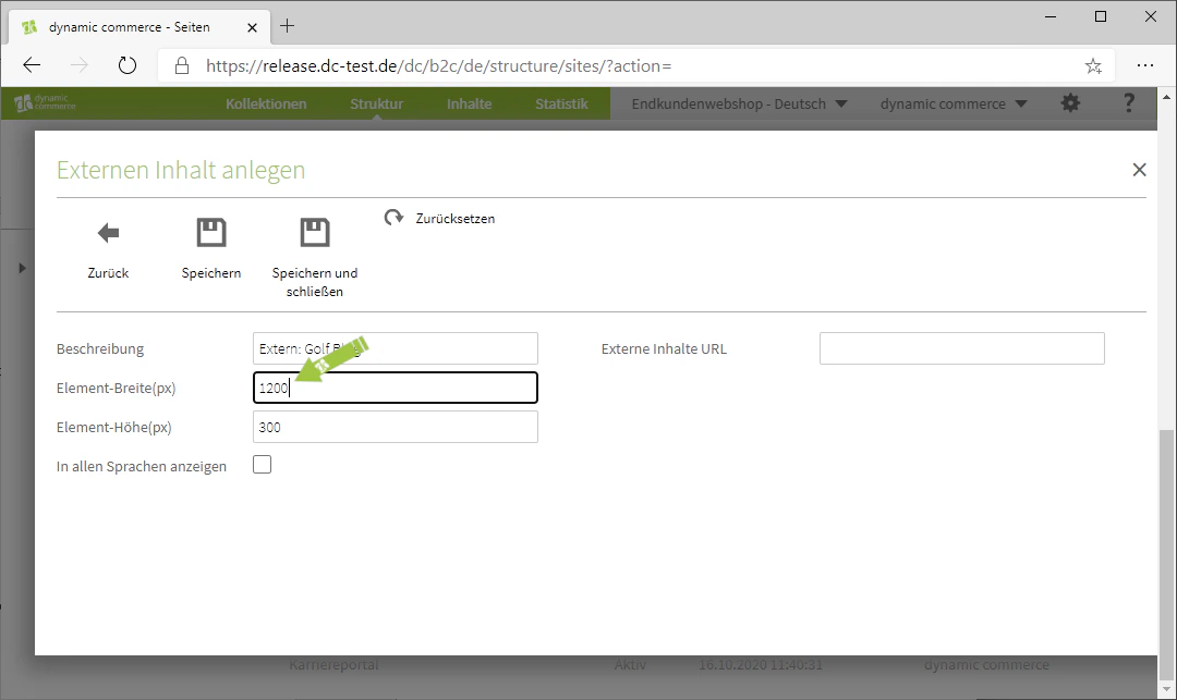 Set the width of the content window in pixels