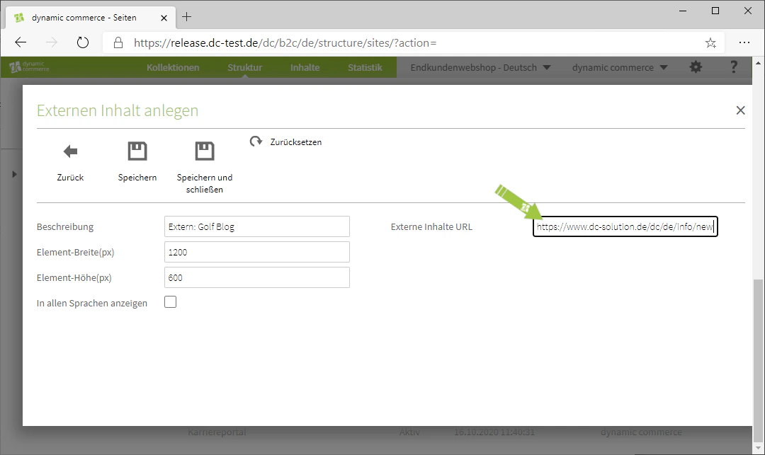 Insert the URL of the external content