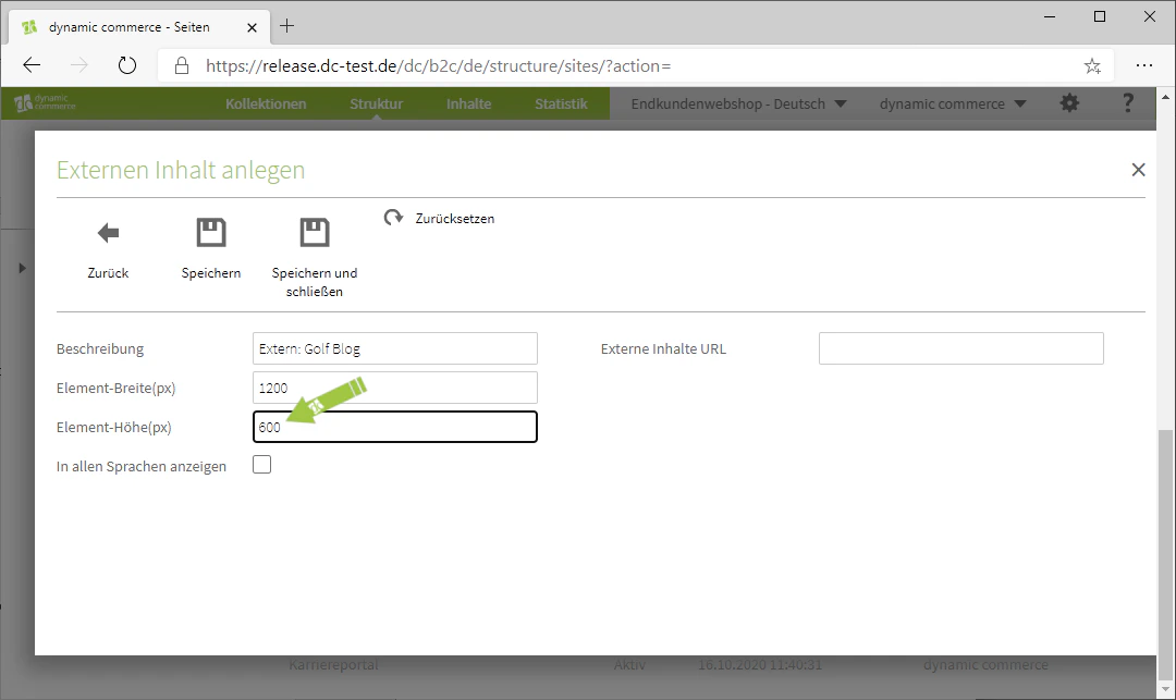 Set the height of the content window in pixels