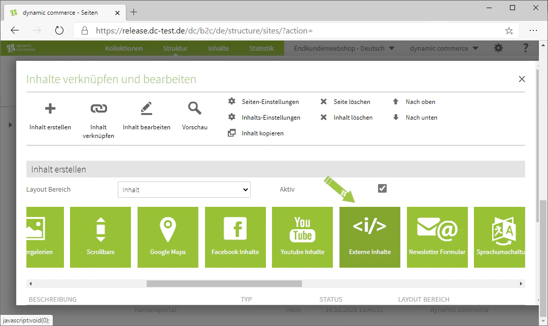 Select the External Content module when creating content