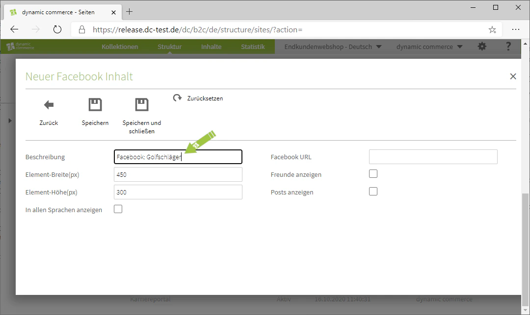 Beschreibung des Facebook Inhalts festlegen