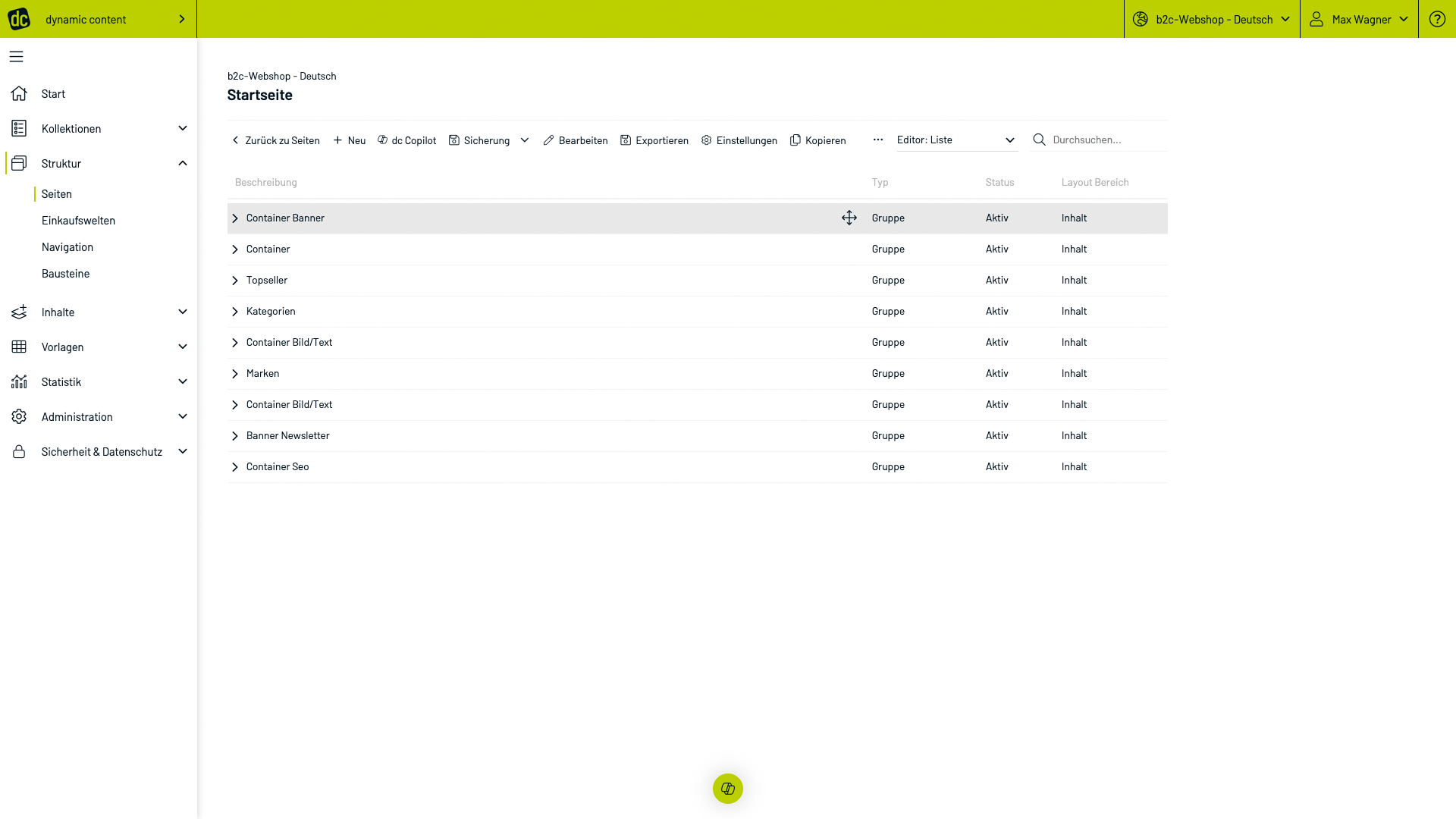 Sort page contents via drag and drop in the list view of the page editor