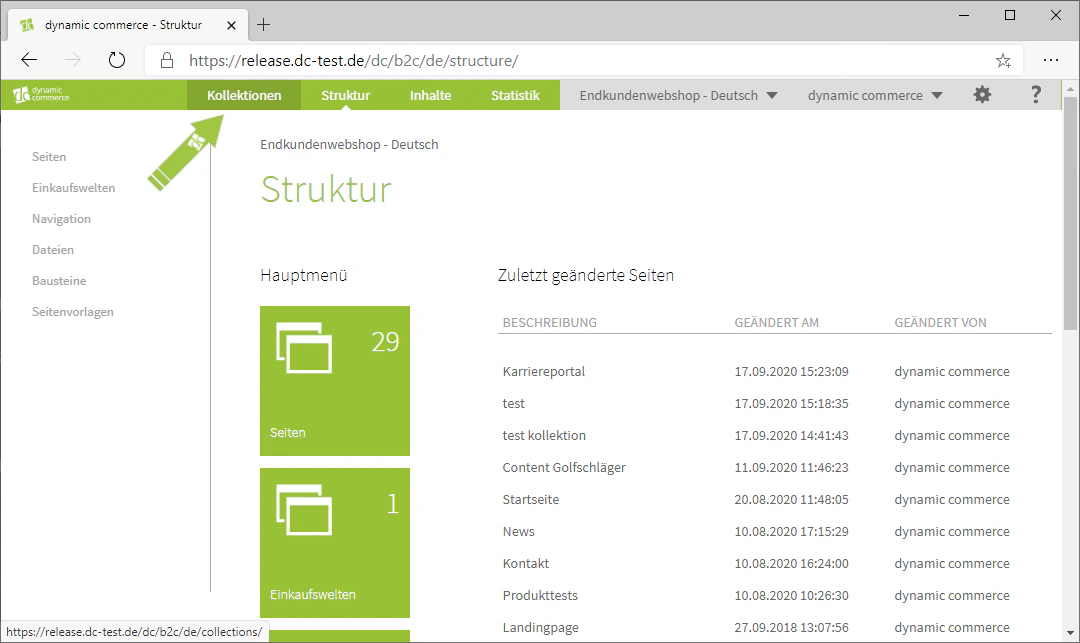 Navigation zum Kollektionen-Tab