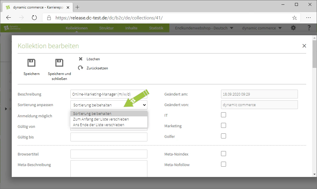 Sortierung des Eintrags anpassen