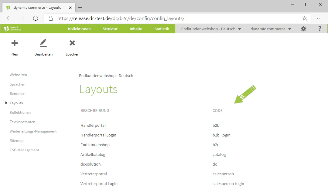 Layout-Übersicht mit Liste der Layouts