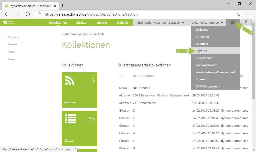 Navigation zum Layout-Menü über das Zahnrad