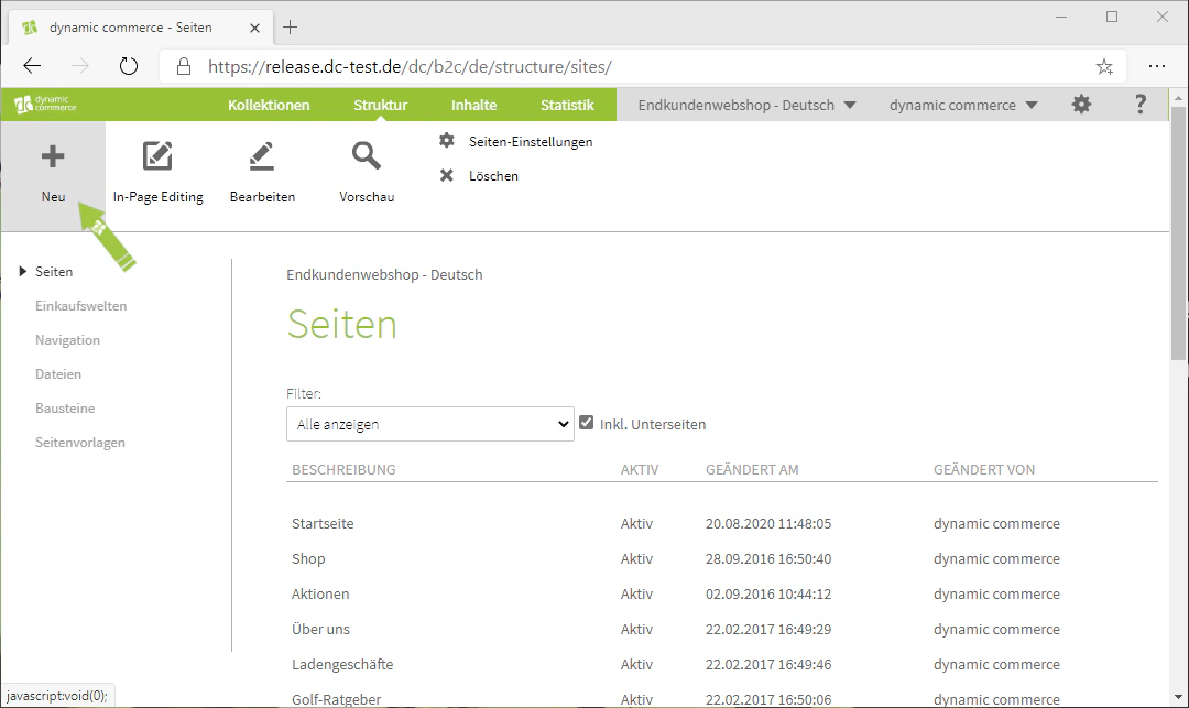 Neue Seite über den Plus-Button anlegen