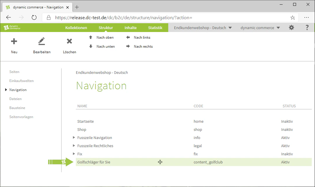 Erstellter Navigationspunkt in der Liste