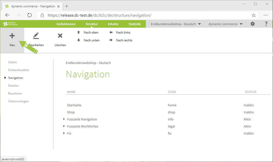 Neue Navigation über den Plus-Button erstellen