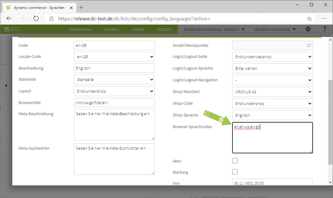 Enter browser language codes separated by commas