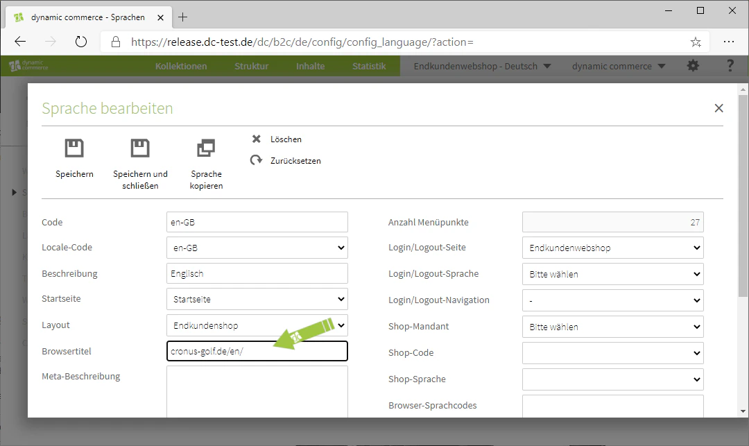 Enter the browser title with language abbreviation