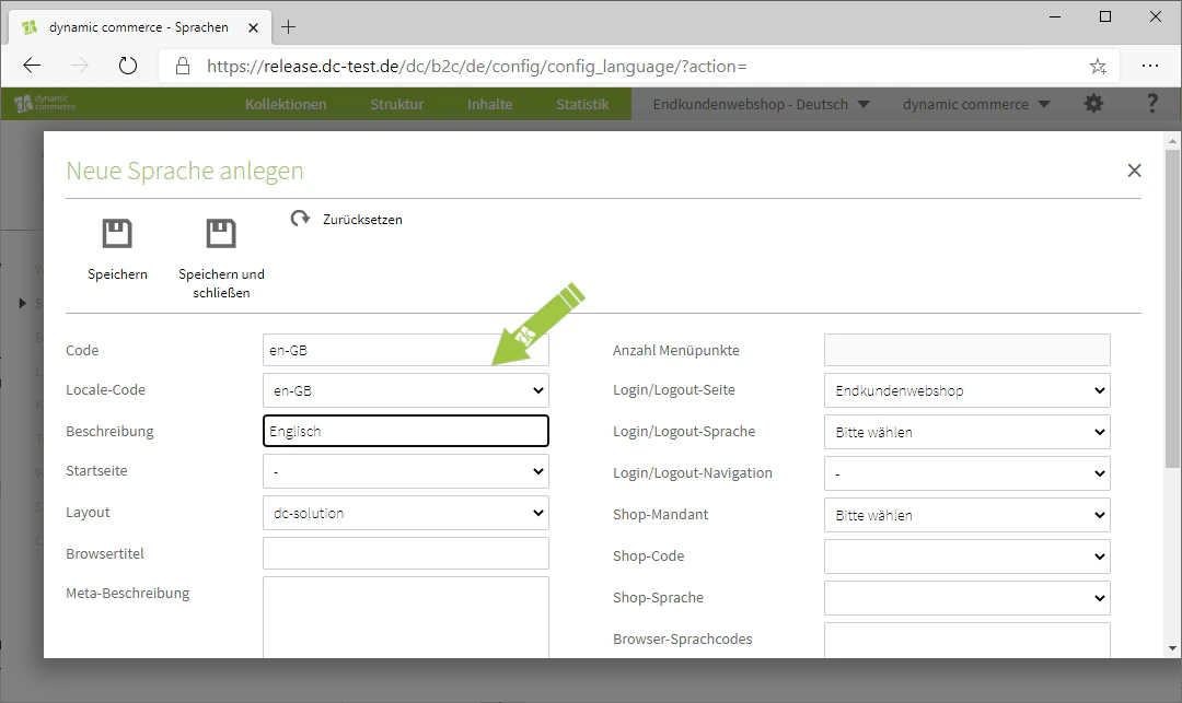 Enter the code and description of the new language