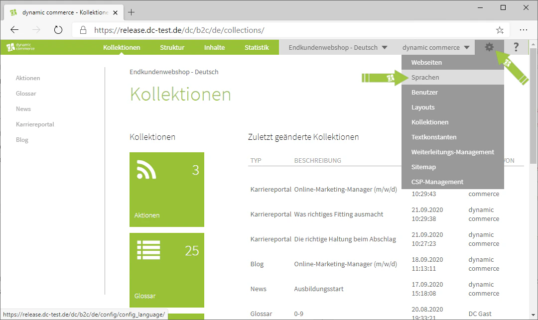 Navigation to the Languages menu via the gear icon
