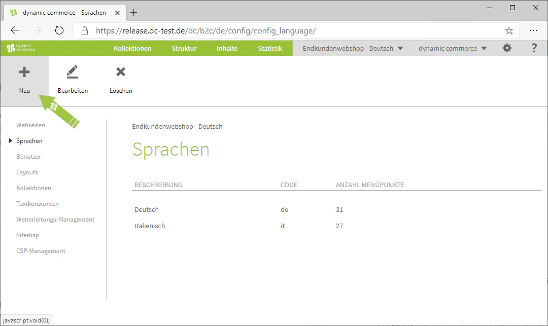Create a new language using the plus icon
