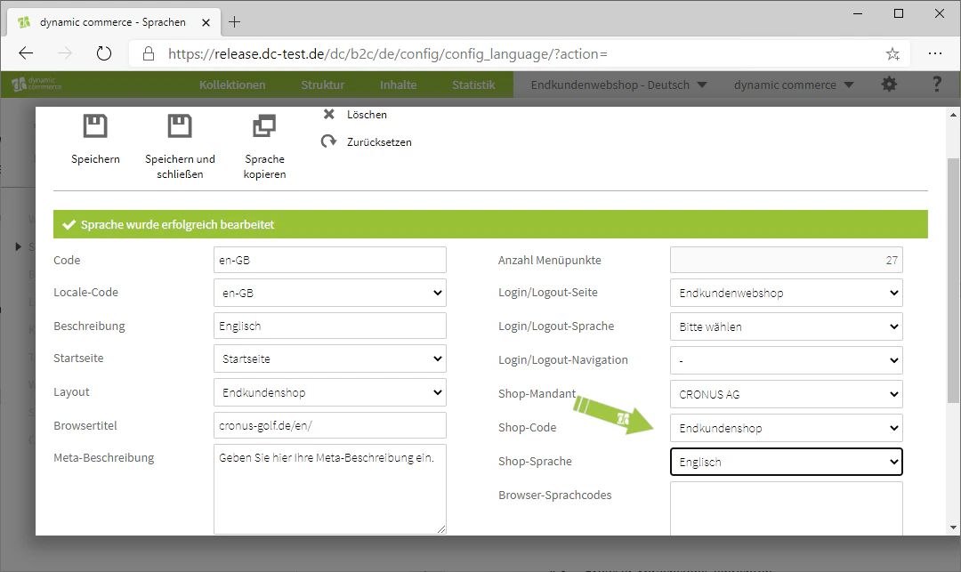 Select shop code and shop language