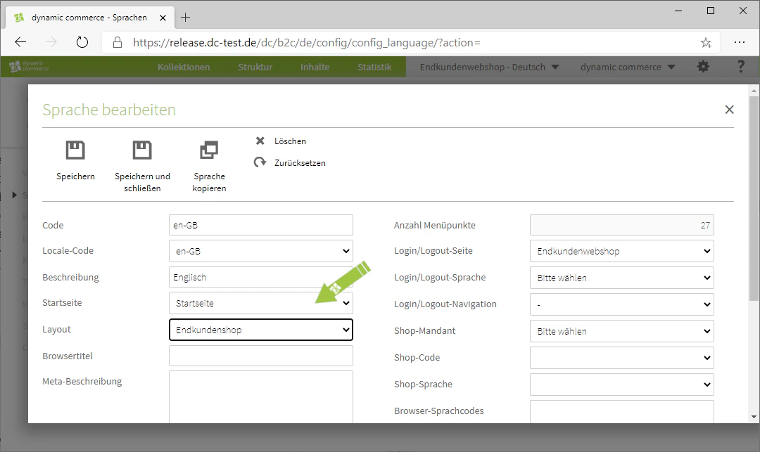 Select the home page and layout for the language
