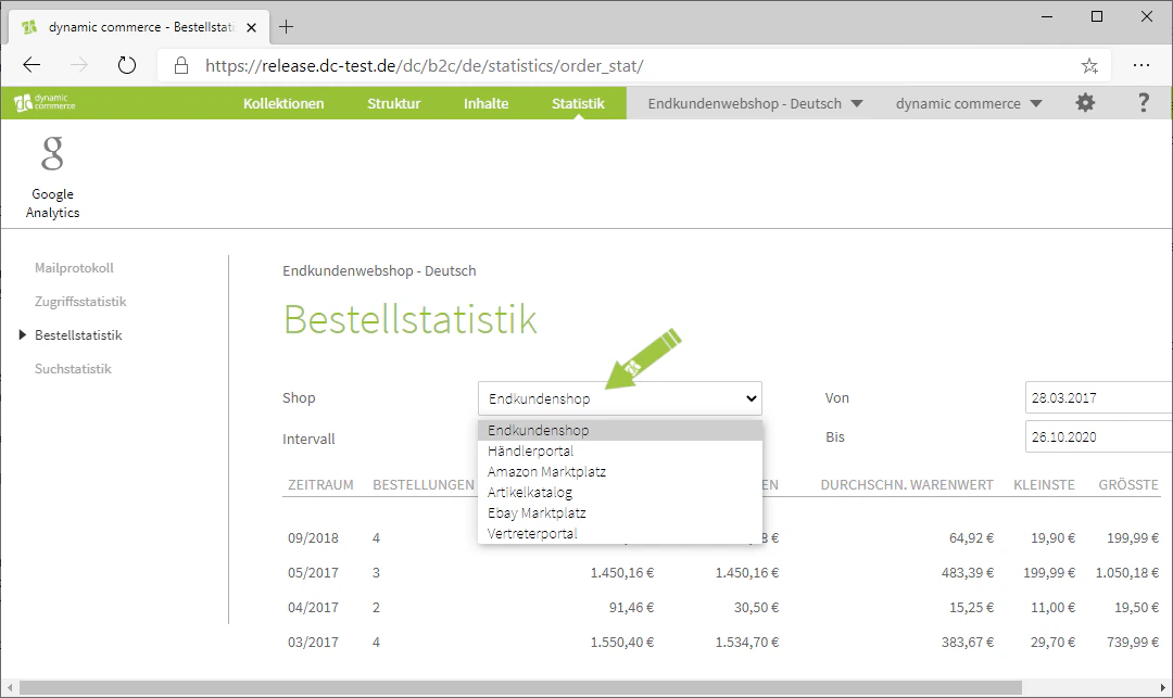 Shop in Bestellstatistik wählen