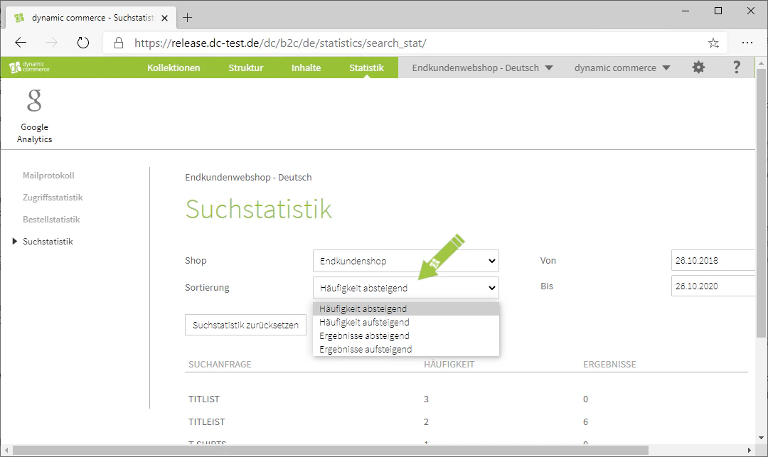 Sortierung der Suchstatistik