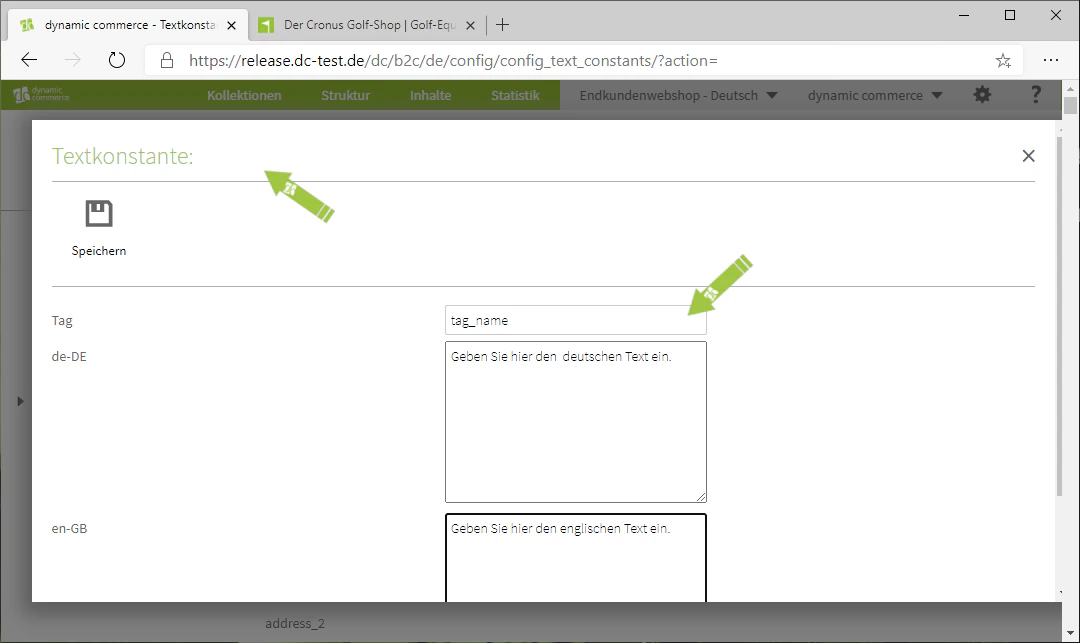 Textkonstanten-Tag und Text festlegen