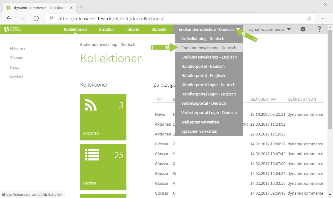 Drop-Down zum Wechseln zwischen Webseiten und Sprachen