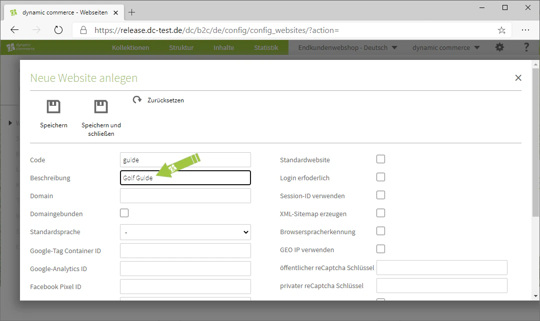 Eingabefeld für die Beschreibung der Webseite