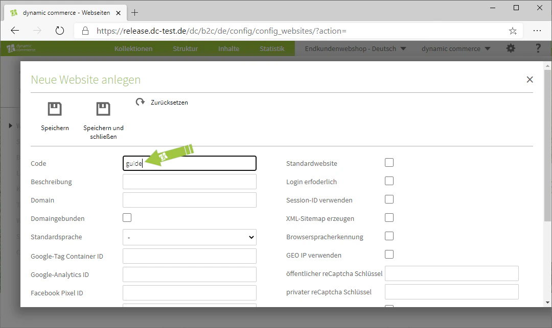 Eingabefeld für den Code der Webseite