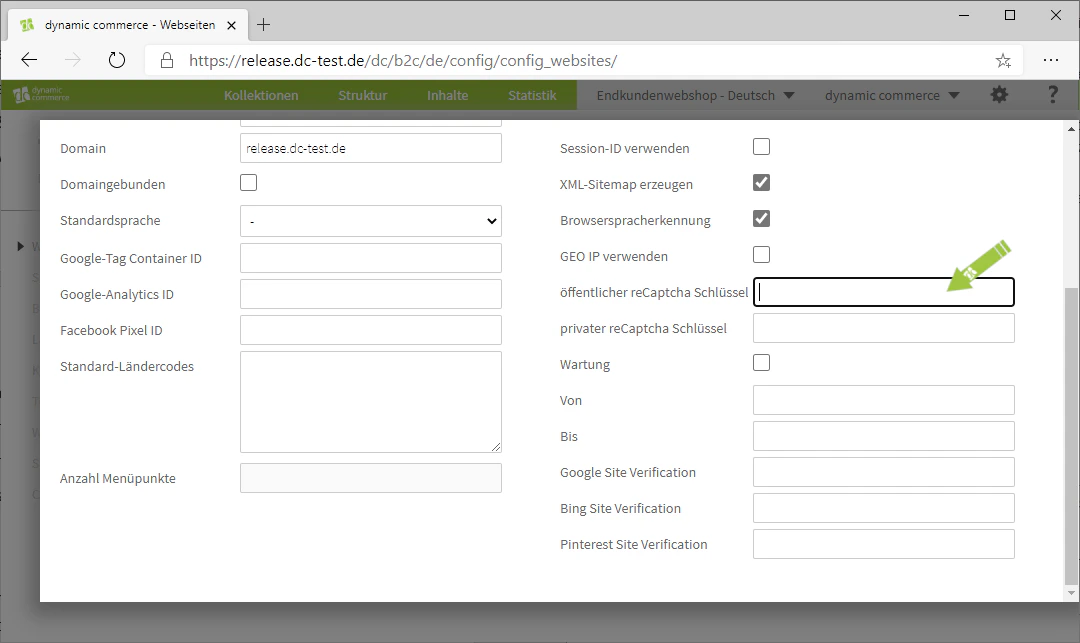 reCaptcha Schlüssel eingeben