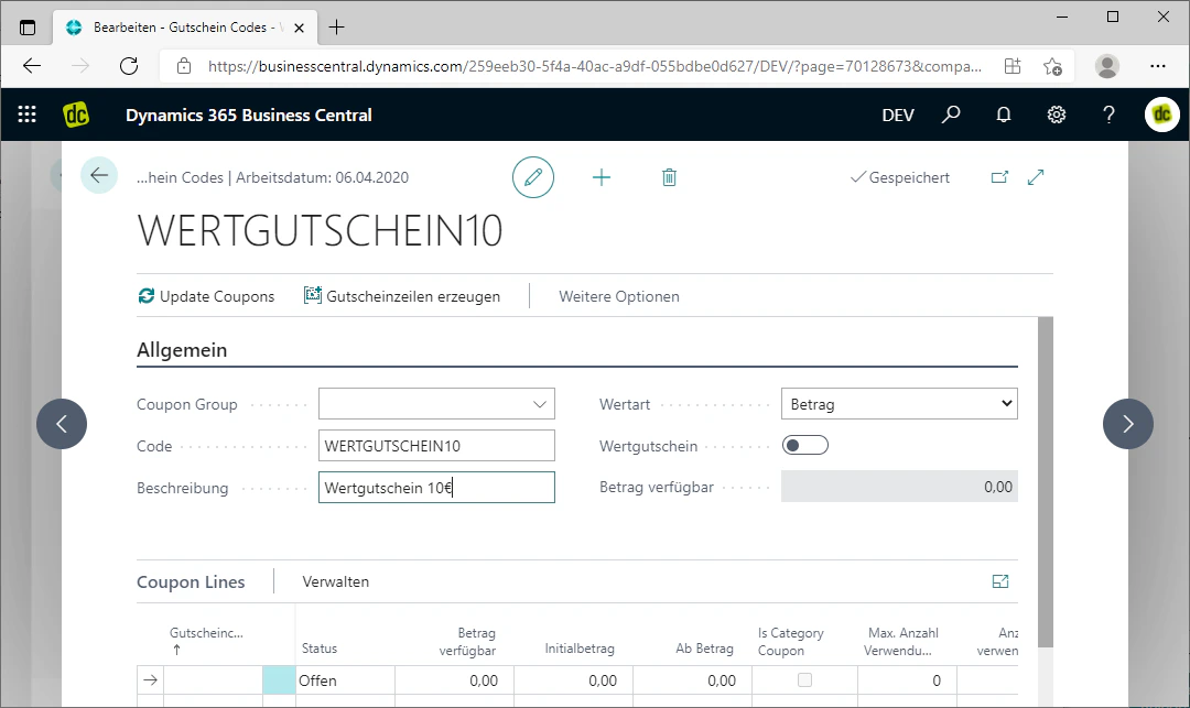 Eingabefelder für Code und Beschreibung