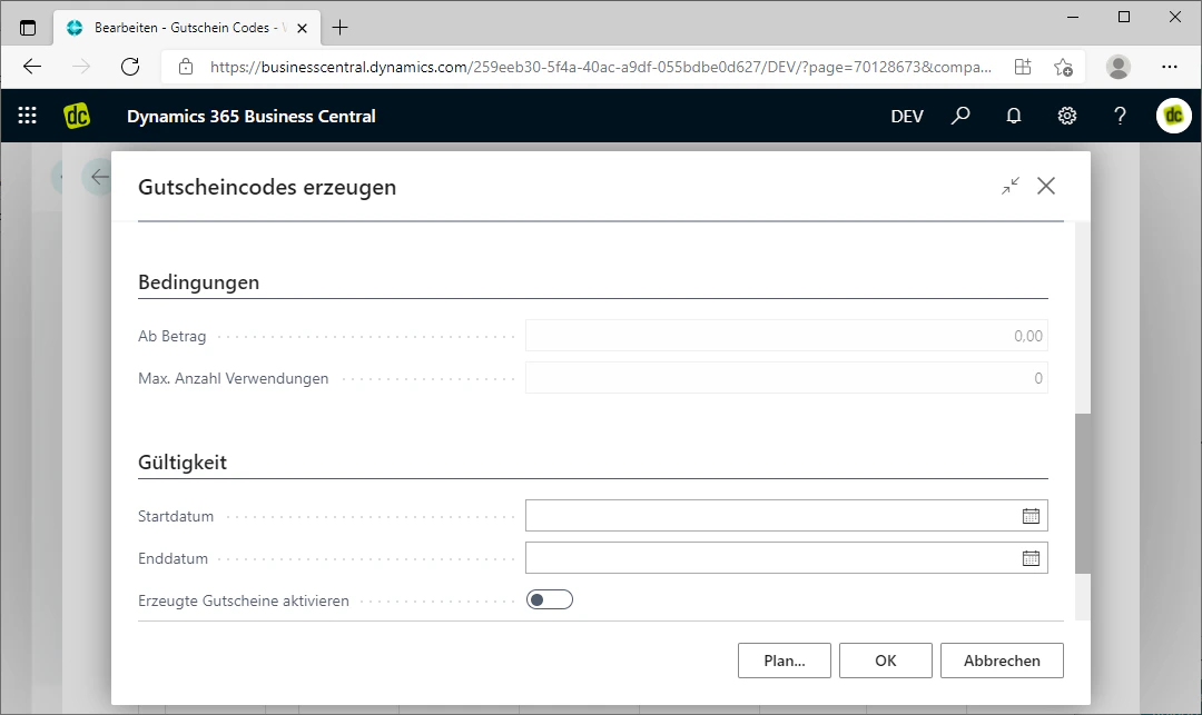 Conditions menu with Minimum Amount and Max. Number of Uses fields