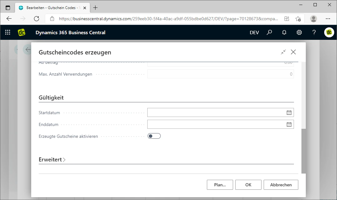 Validity settings with start date, end date, and activation checkbox