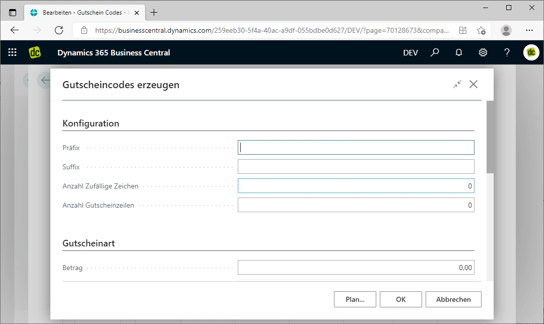 Generate Coupon Codes window with configuration options