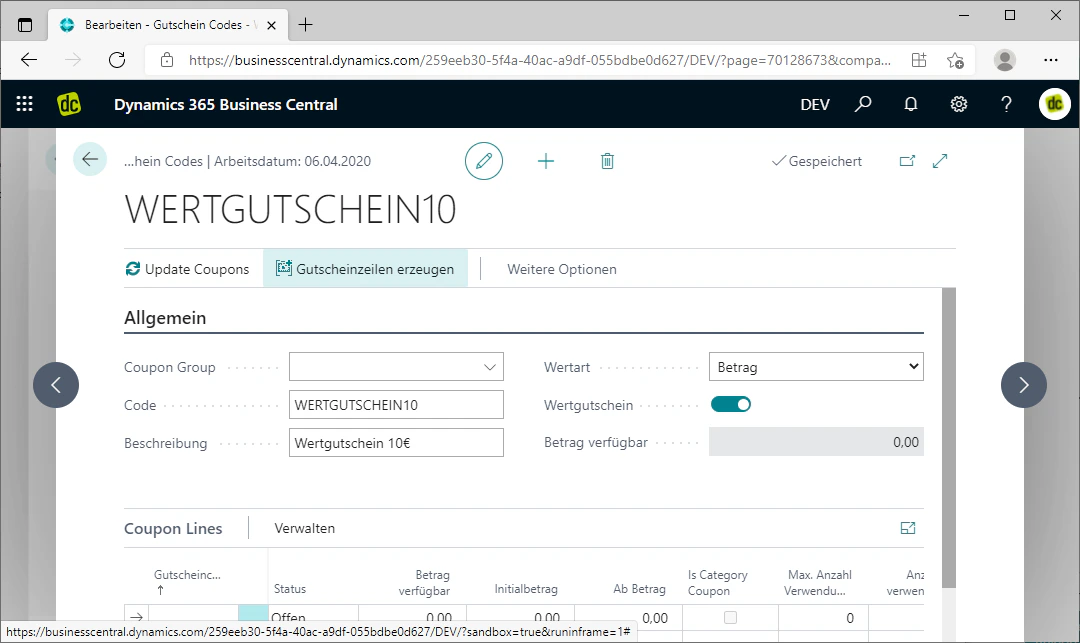 Generate Coupon Lines button in the menu bar