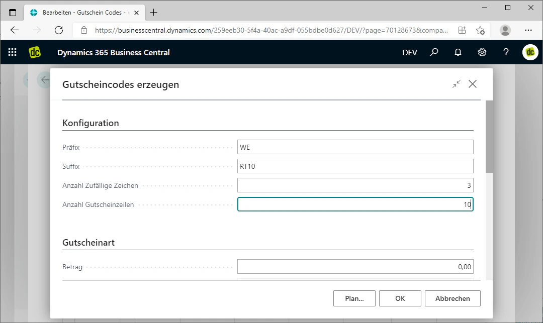 Configuration settings with prefix, suffix, and number of characters