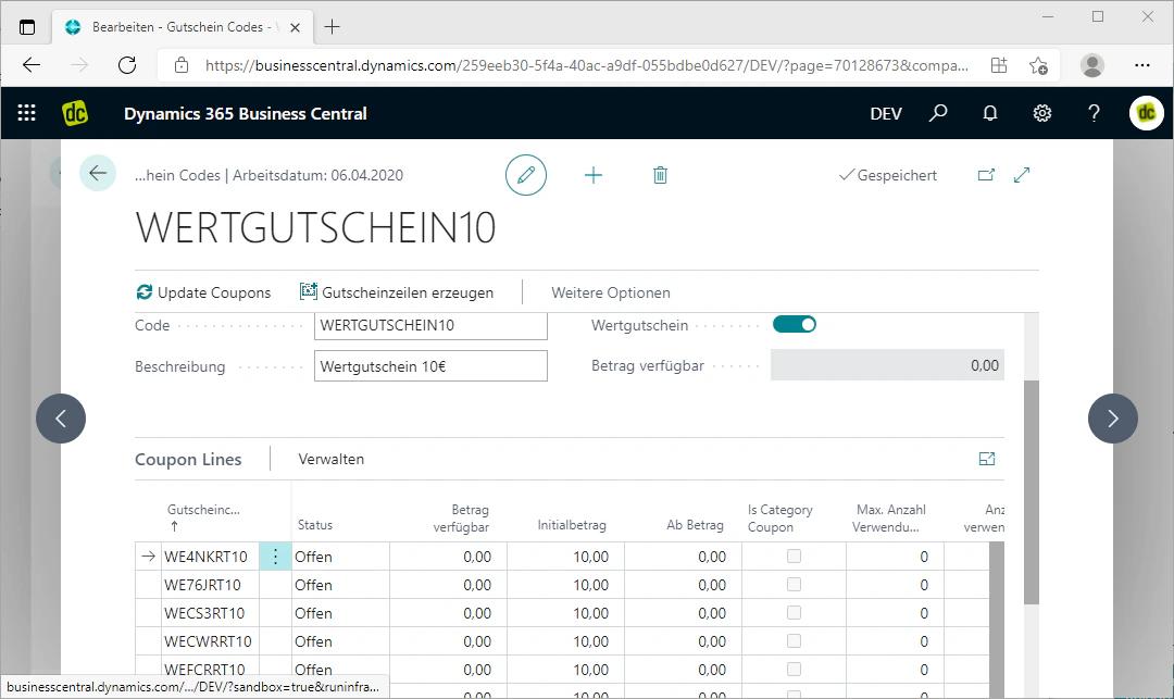 Overview of the generated coupon lines for review