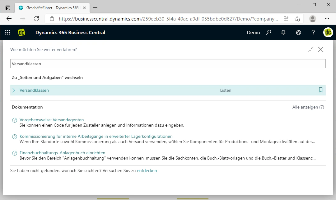 Navigation to shipping classes via the search