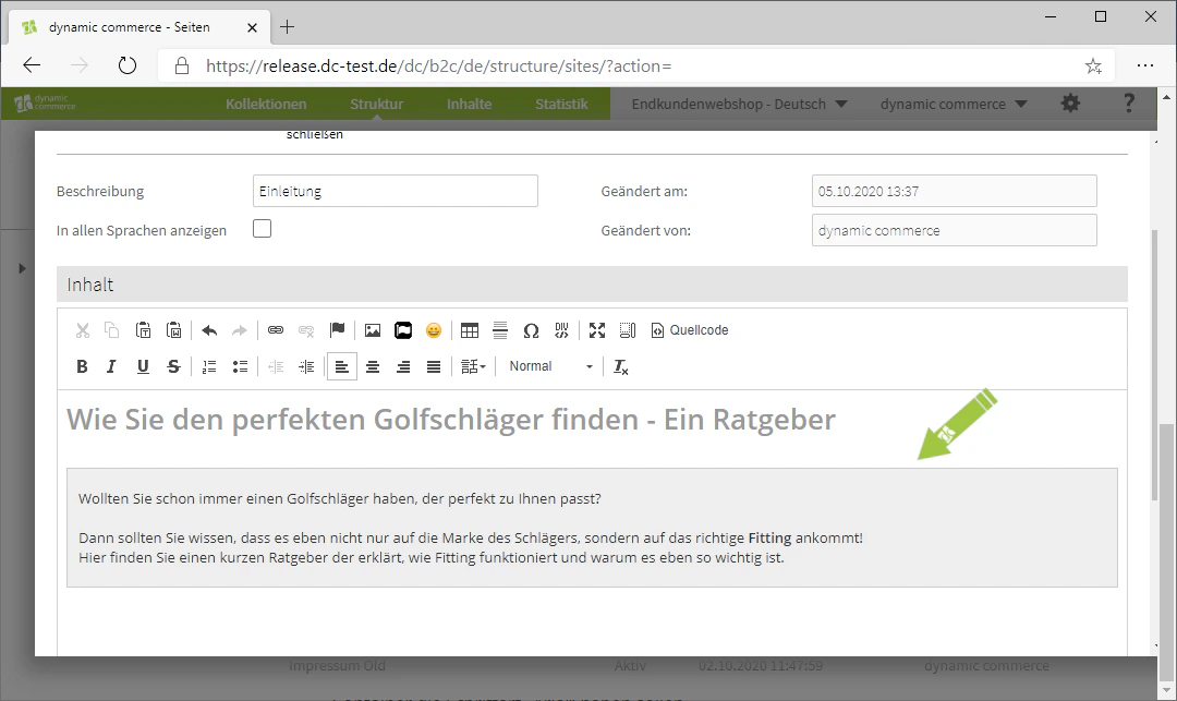 Einstellungen des Div-Containers