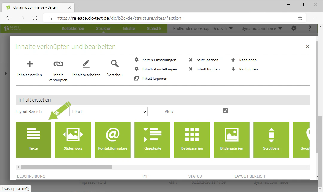 Auswahl der Inhaltsart Texte