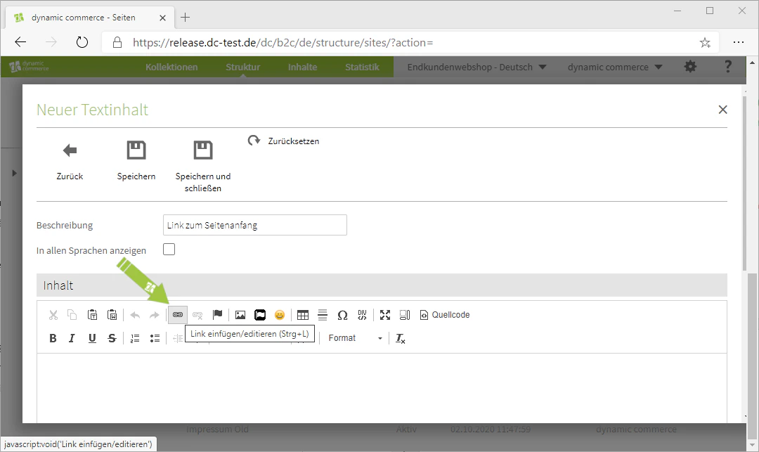 Link über den Editor einfügen