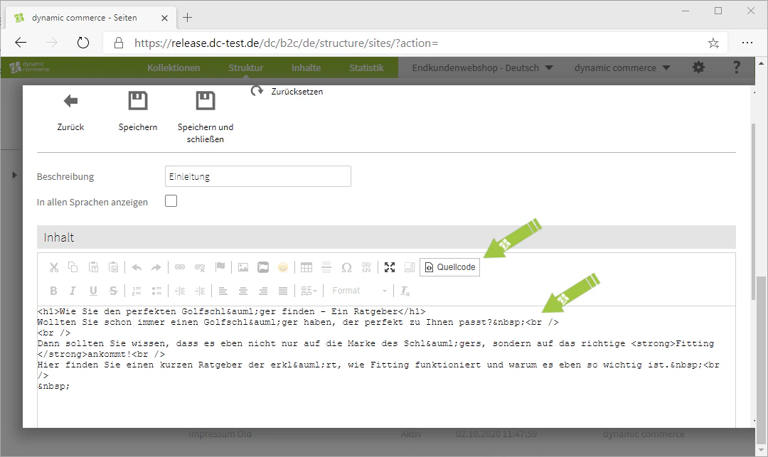 HTML-Quellcode des Textes