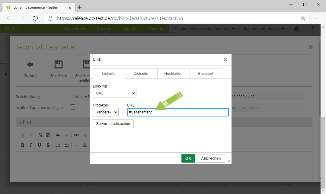 URL für den Link eintragen