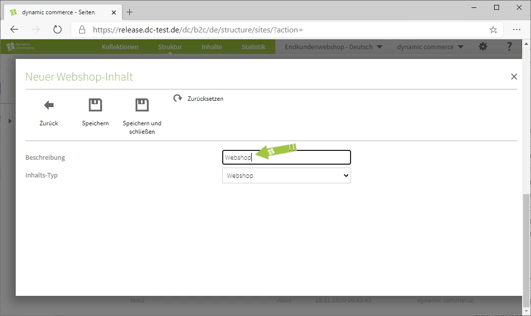 Beschreibung des Webshop-Sitepart