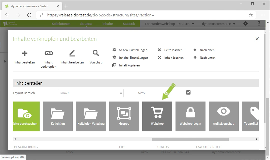 Auswahl des Moduls Webshop
