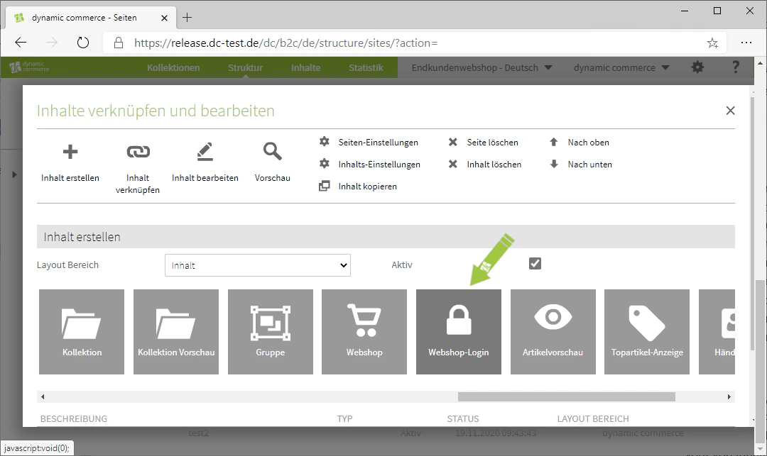 Auswahl des Moduls Webshop-Login