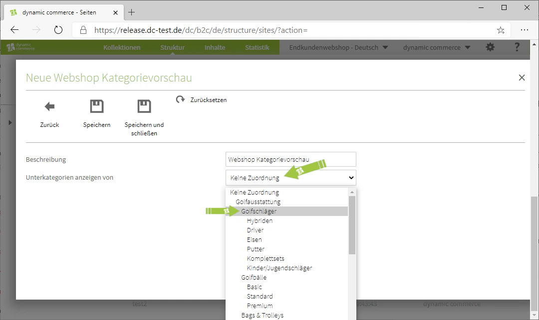 Auswahl der Unterkategorien
