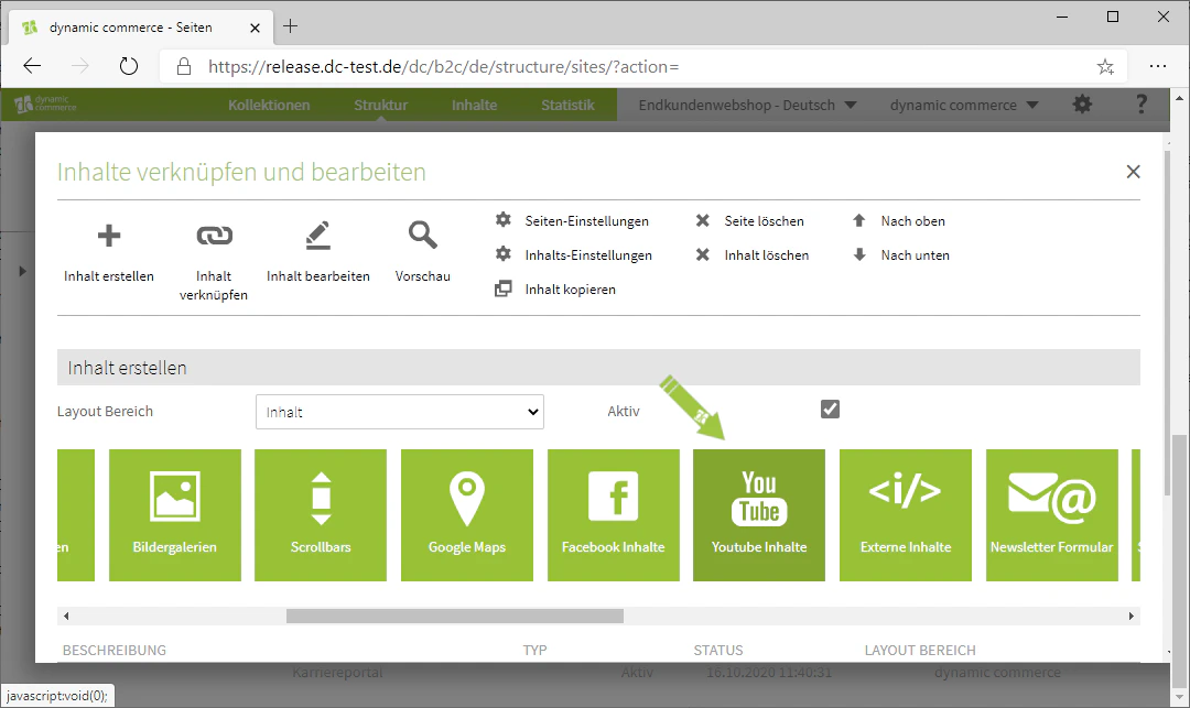 Select the YouTube Content module when creating content