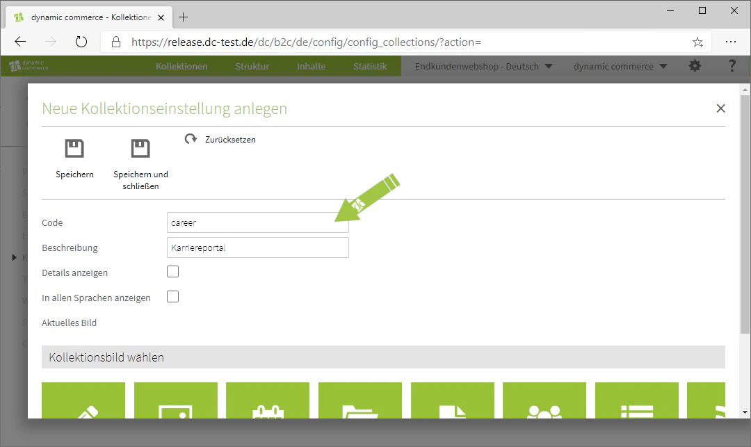 Kollektions-Code und Beschreibung eintragen